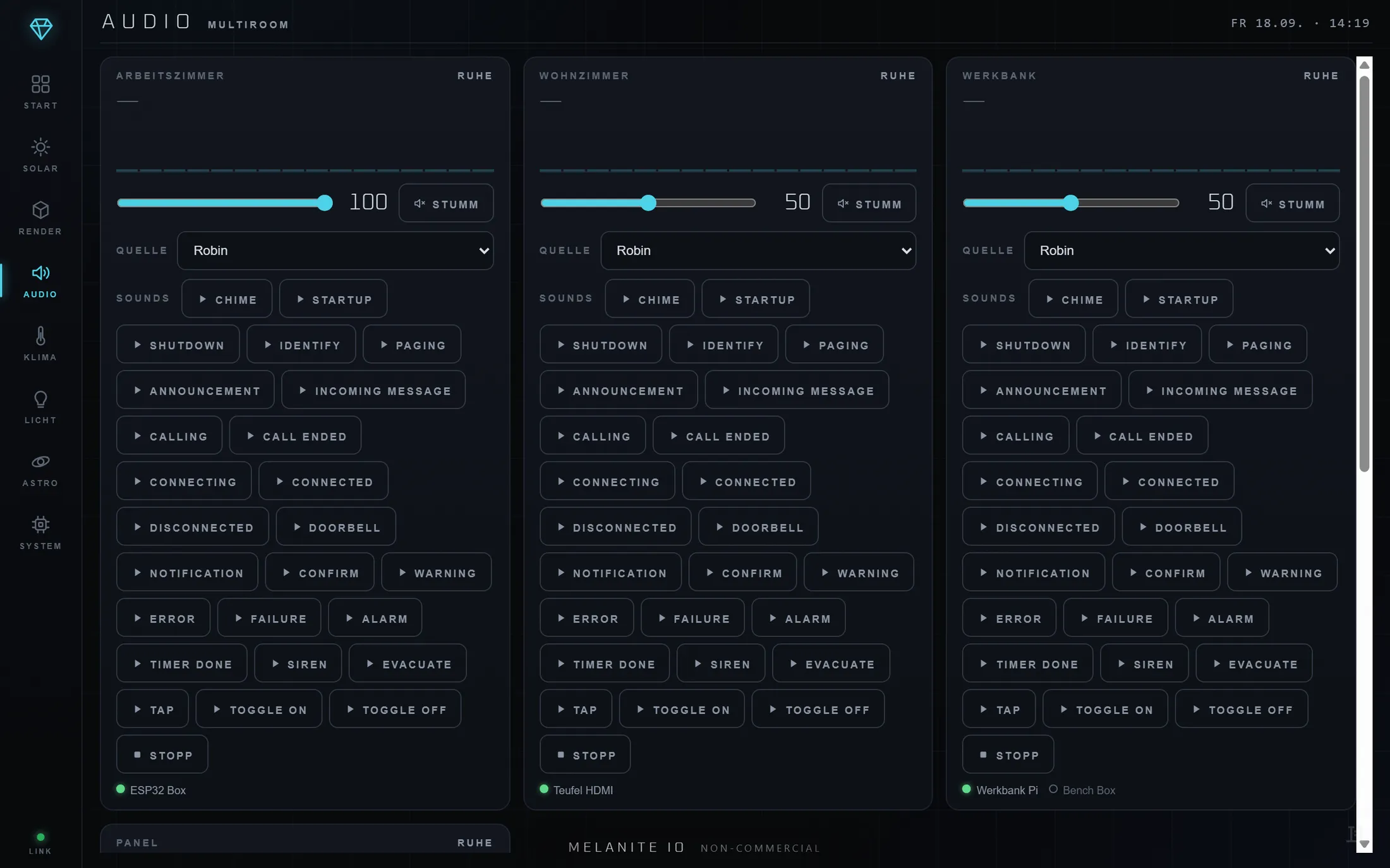 A branded Melanite audio page showing three rooms — Arbeitszimmer, Wohnzimmer and Werkbank — each with a volume slider, a source selector and the full built-in sound list.